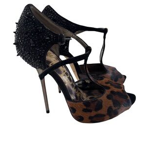 Sam Edelman Scarlett Leopard Calf Hair T Strap Spike Stud Stiletto Heels 7M Flaw